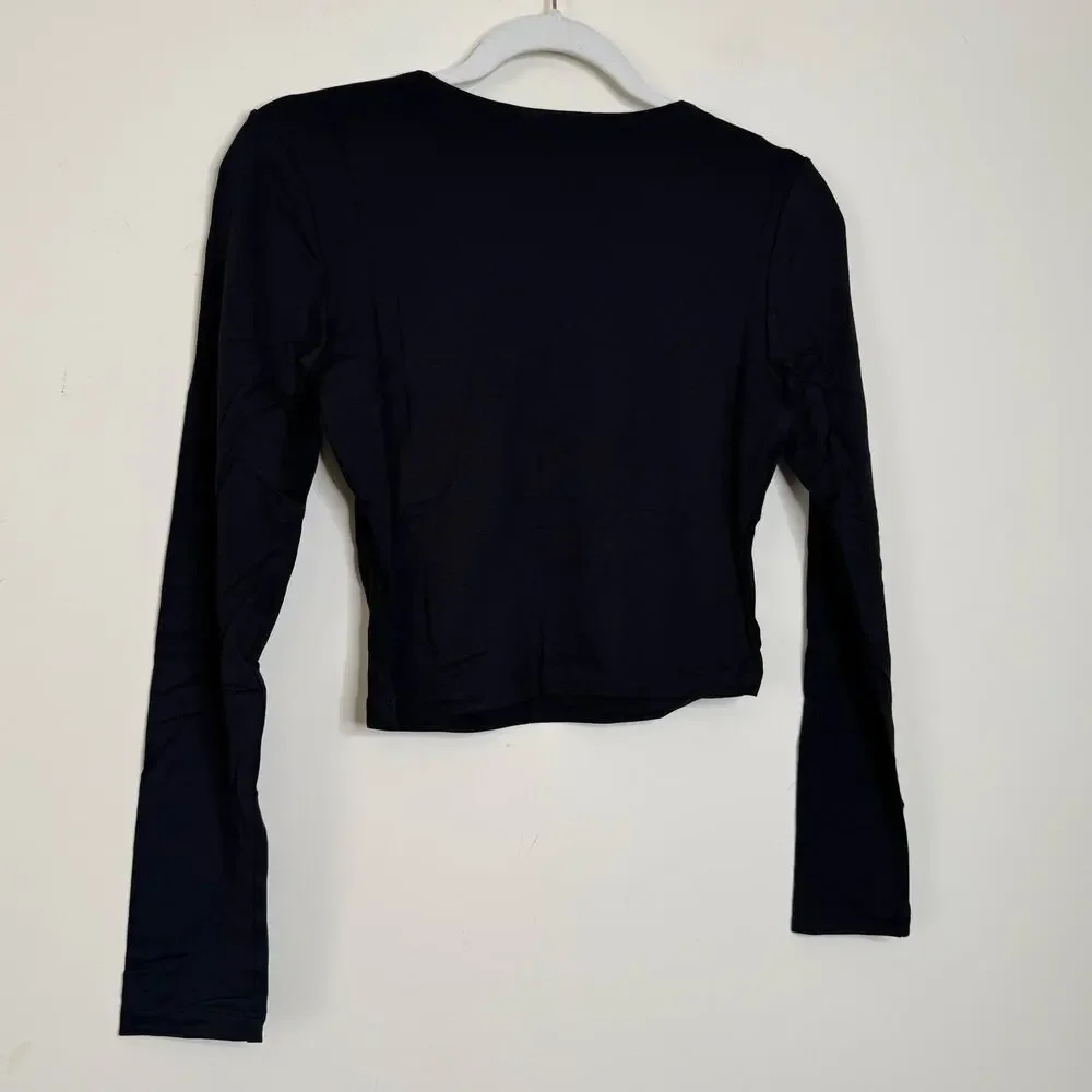 Susana Monaco Long Sleeve Crewneck Crop Top - Black NWT Size XL